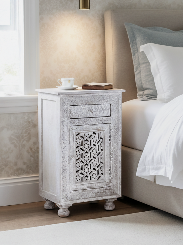 Grace Carved Wooden Bedside Table - Large