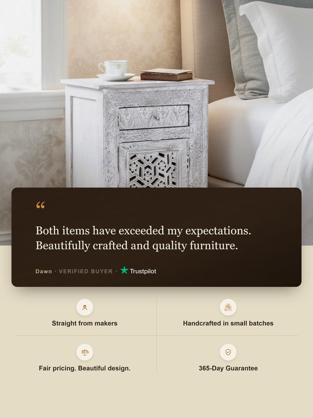 Grace Carved Wooden Bedside Table - Large