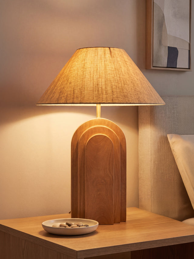Olivia Raw Silk Lampshade with Geometric Mango Wood Base