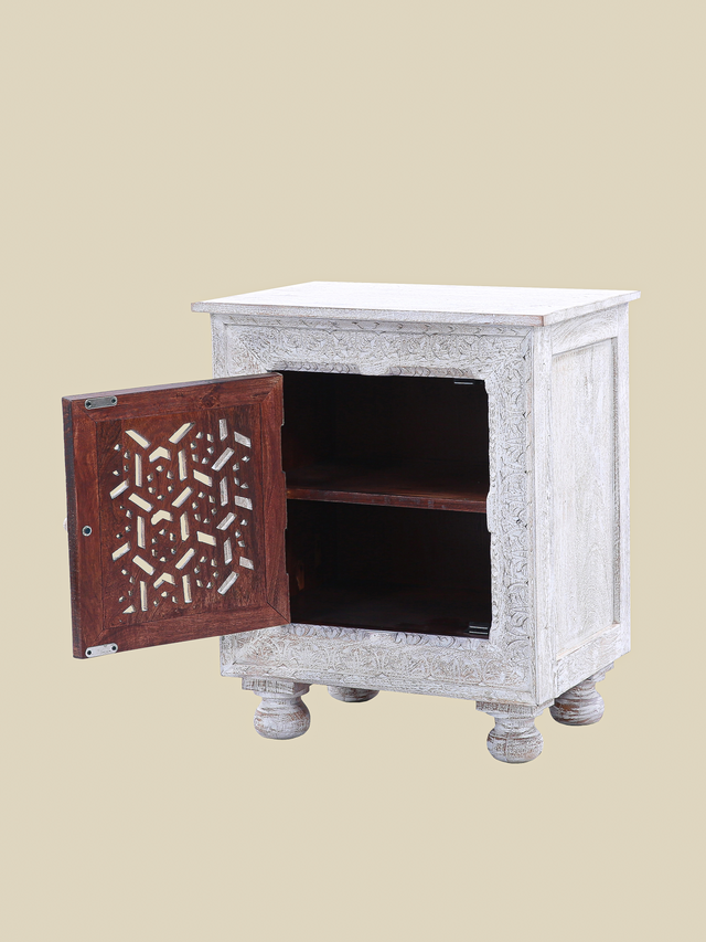 Grace Carved Wooden Bedside Table - Small