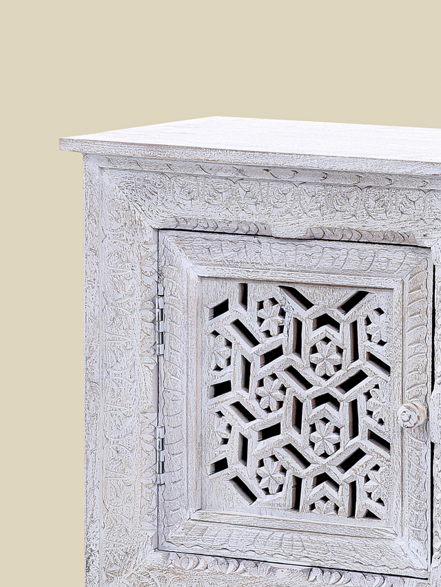 Grace Carved Wooden Bedside Table - Small