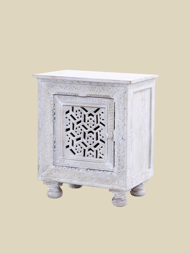Grace Carved Wooden Bedside Table - Small