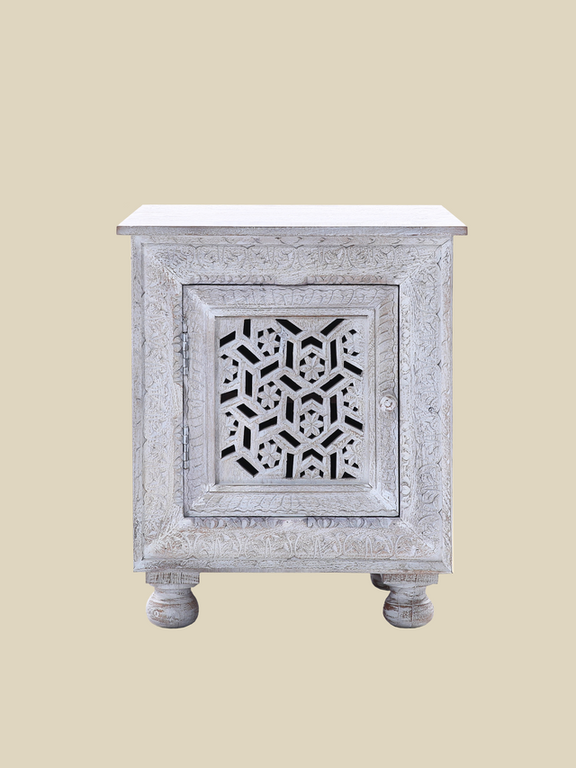 Grace Carved Wooden Bedside Table - Small