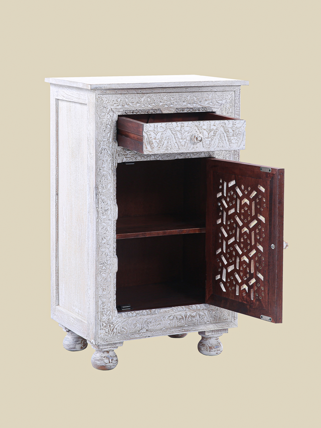 Grace Carved Wooden Bedside Table - Large