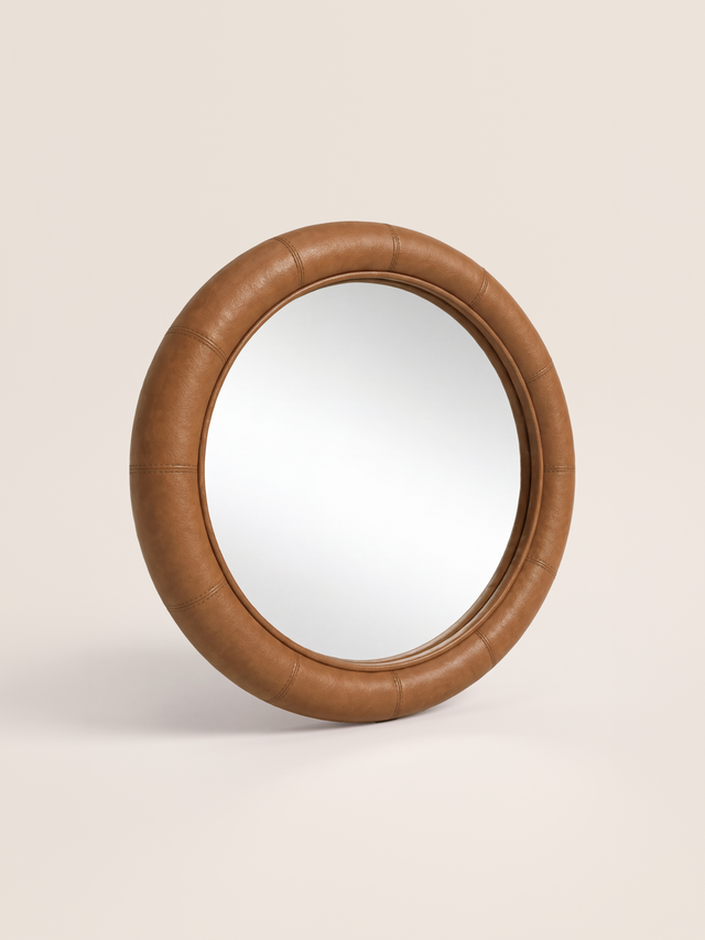 Rosso Leather Round Mirror - Tan