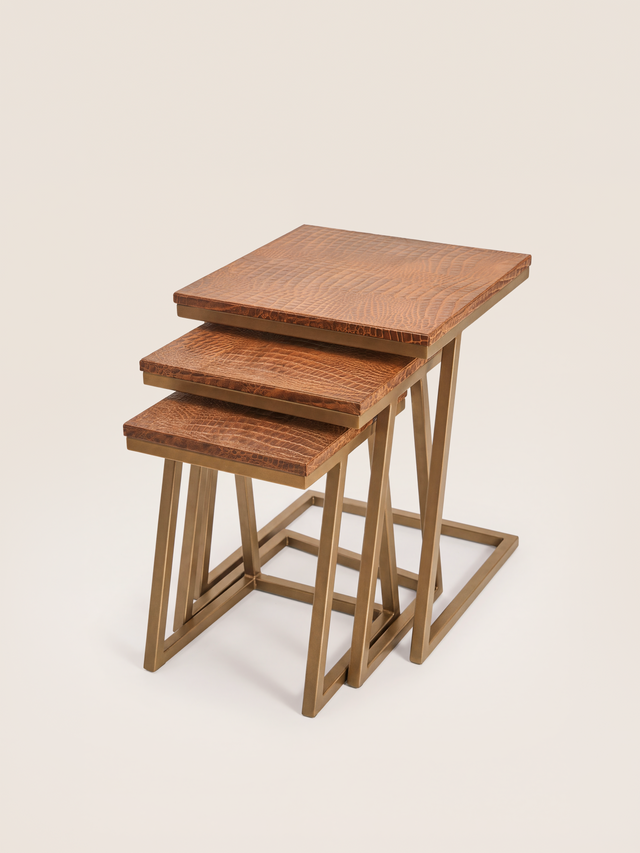 Caden Croco Print Leather Nesting Tables, Set of 3 - Tan