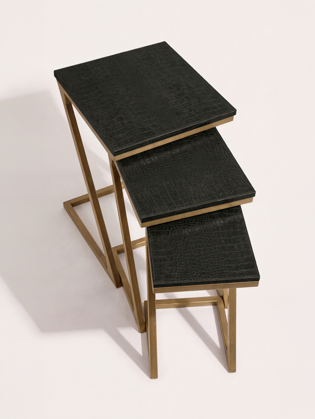 Caden Croco Print Leather Nesting Tables, Set of 3 - Olive