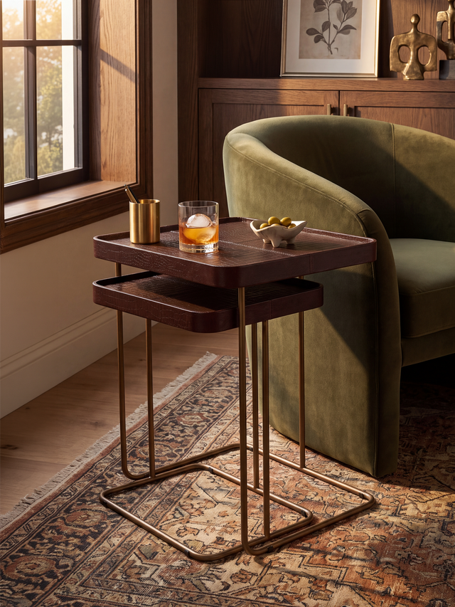 Ahal Croco Print Leather Nesting Tables, Set of 2 - Brown