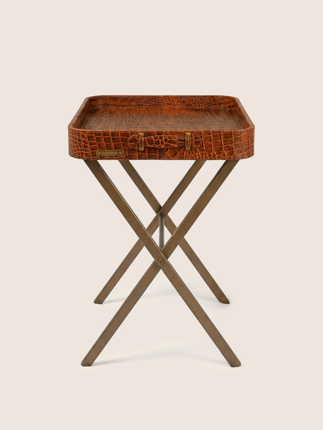 Fenn Croco Print Leather Tray Side Table - Tan