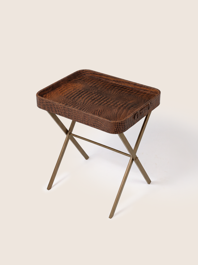 Fenn Croco Print Leather Tray Side Table - Tan
