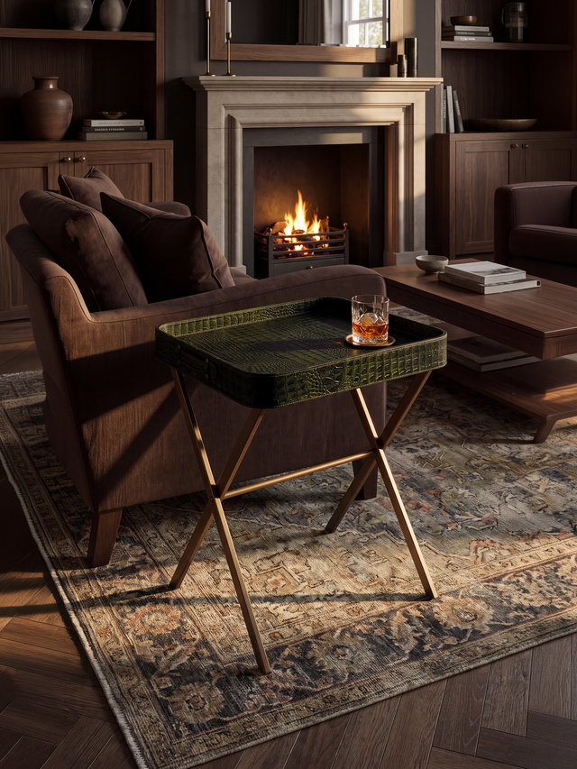 Fenn Croco Print Leather Tray Side Table - Olive