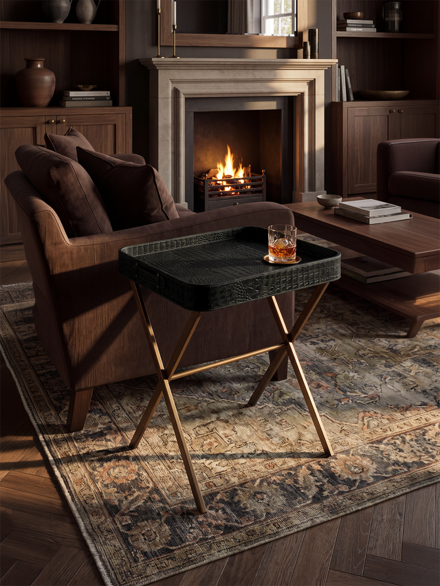 Fenn Croco Print Leather Tray Side Table - Olive