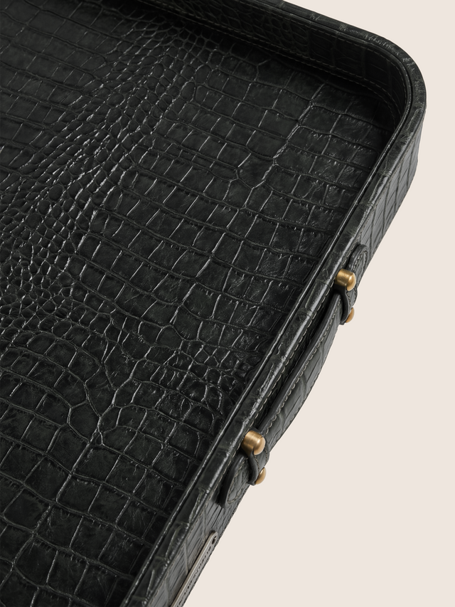 Fenn Croco Print Leather Tray Side Table - Olive