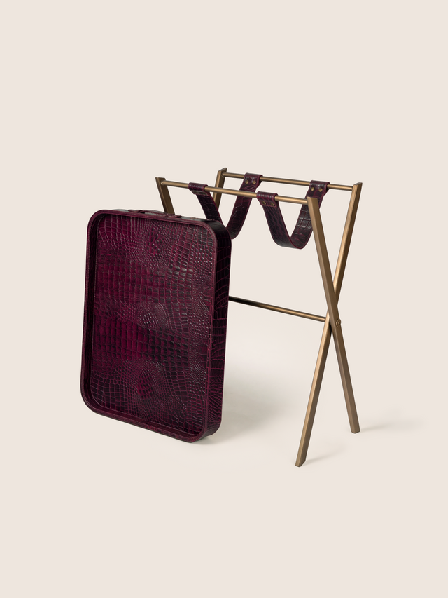 Fenn Croco Print Leather Tray Side Table - Burgundy