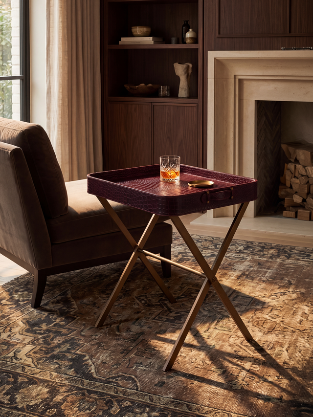 Fenn Croco Print Leather Tray Side Table - Burgundy