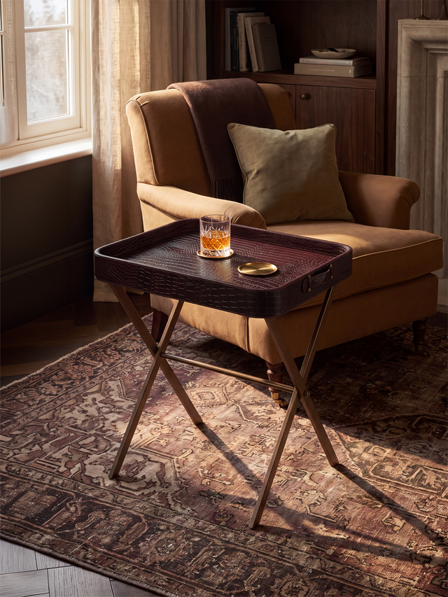 Fenn Croco Print Leather Tray Side Table - Burgundy