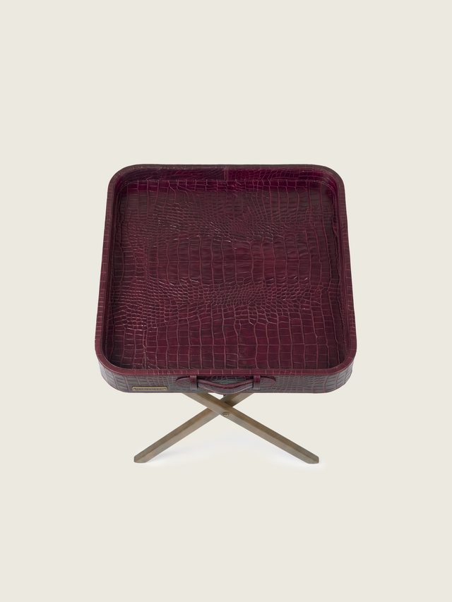 Fenn Croco Print Leather Tray Side Table - Burgundy