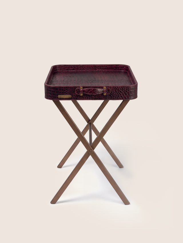 Fenn Croco Print Leather Tray Side Table - Burgundy