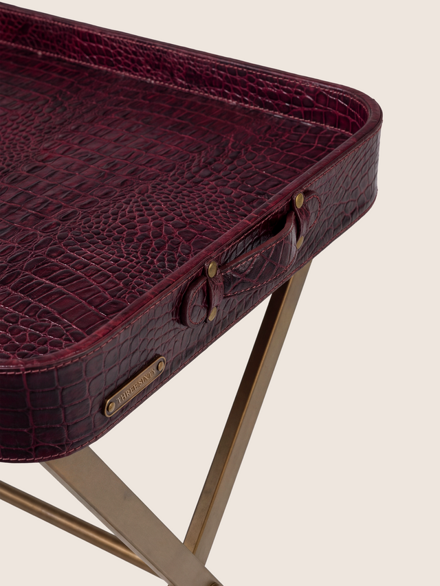 Fenn Croco Print Leather Tray Side Table - Burgundy