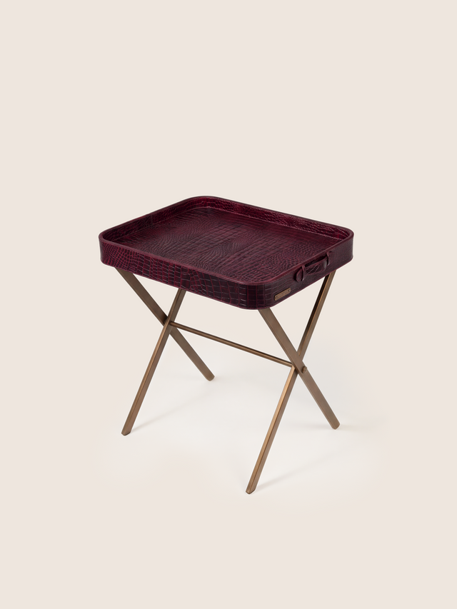 Fenn Croco Print Leather Tray Side Table - Burgundy