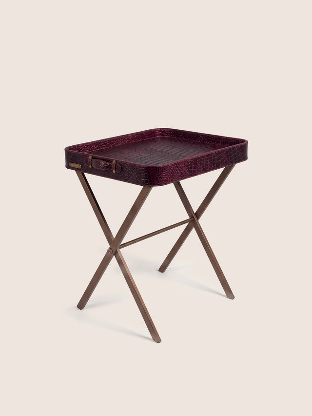 Fenn Croco Print Leather Tray Side Table - Burgundy