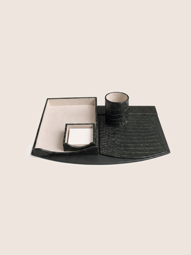 Quill Croco Print/ Waxy Leather Desktop Set - Olive