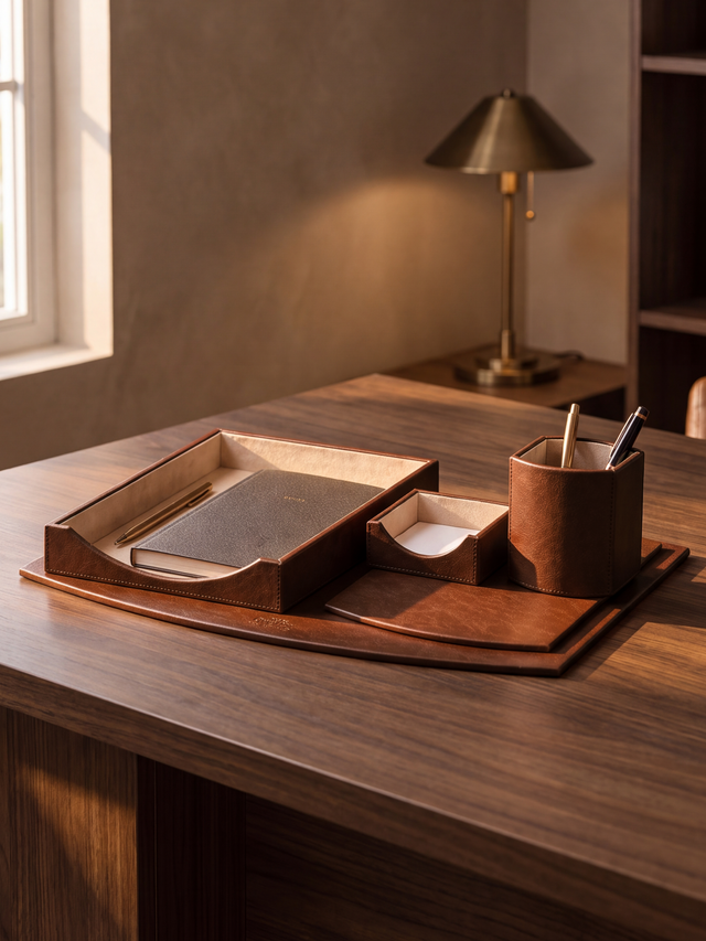 Quill Waxy Leather Desktop Set - Cognac