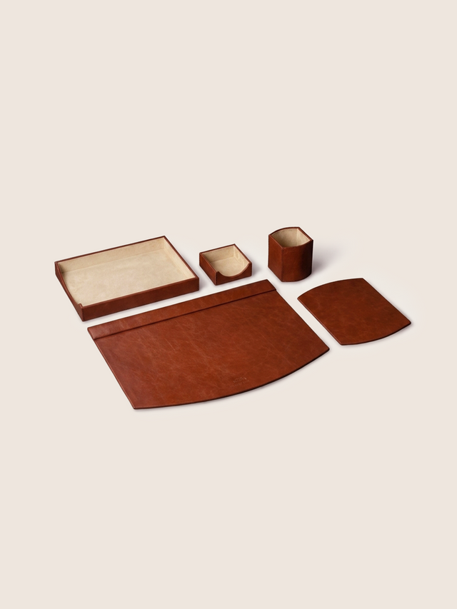 Quill Waxy Leather Desktop Set - Cognac