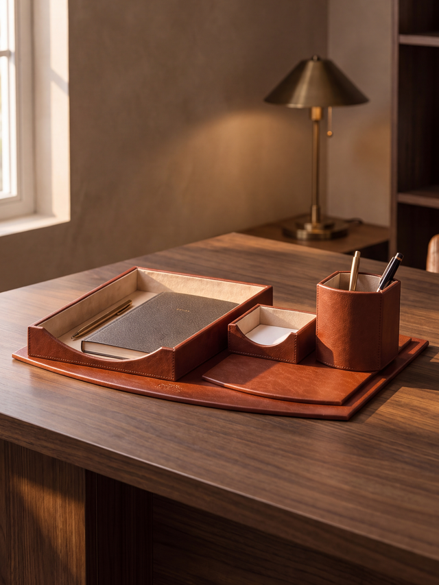 Quill Waxy Leather Desktop Set - Cognac