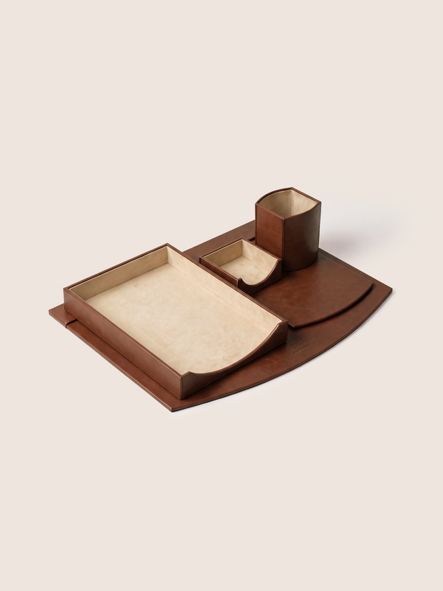 Quill Waxy Leather Desktop Set - Cognac