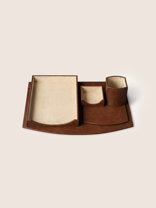 Quill Waxy Leather Desktop Set - Cognac