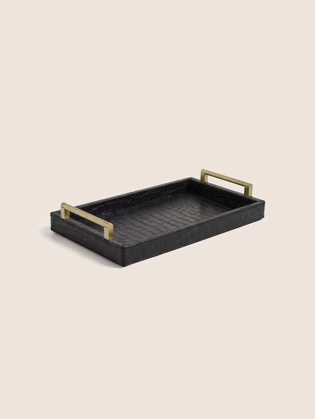 Lore Croco Print Leather Rectangular Tray - Black
