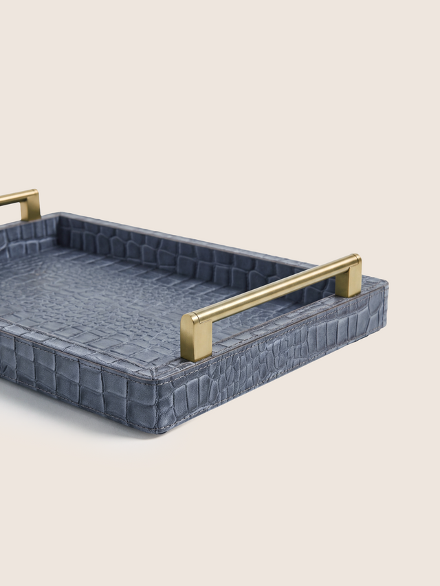 Lore Croco Print Leather Rectangular Tray - Grey
