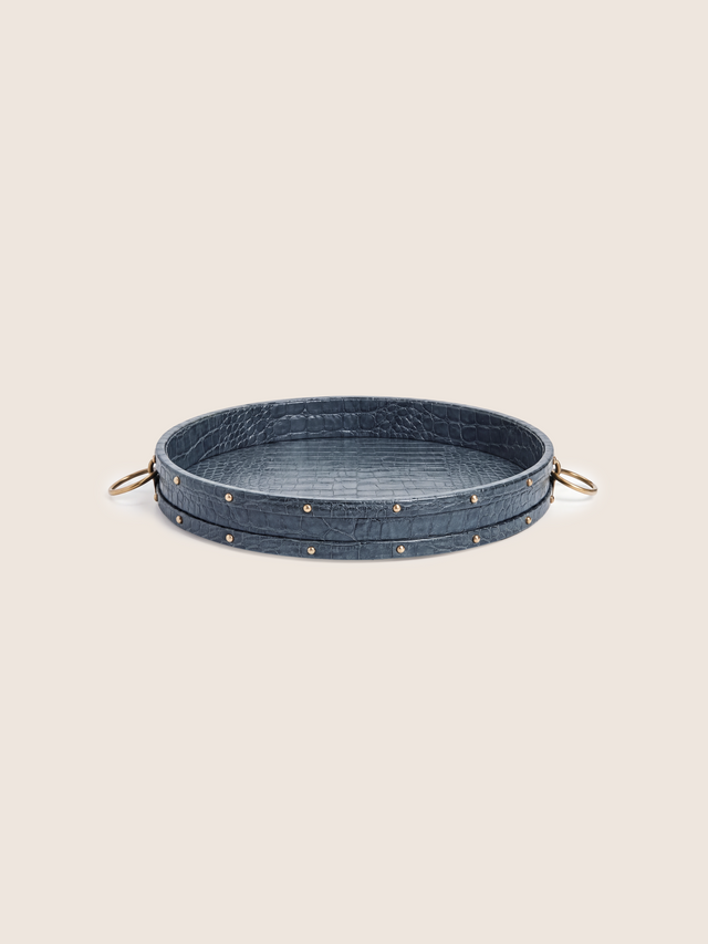 Lore Croco Print Leather Round Tray - Grey