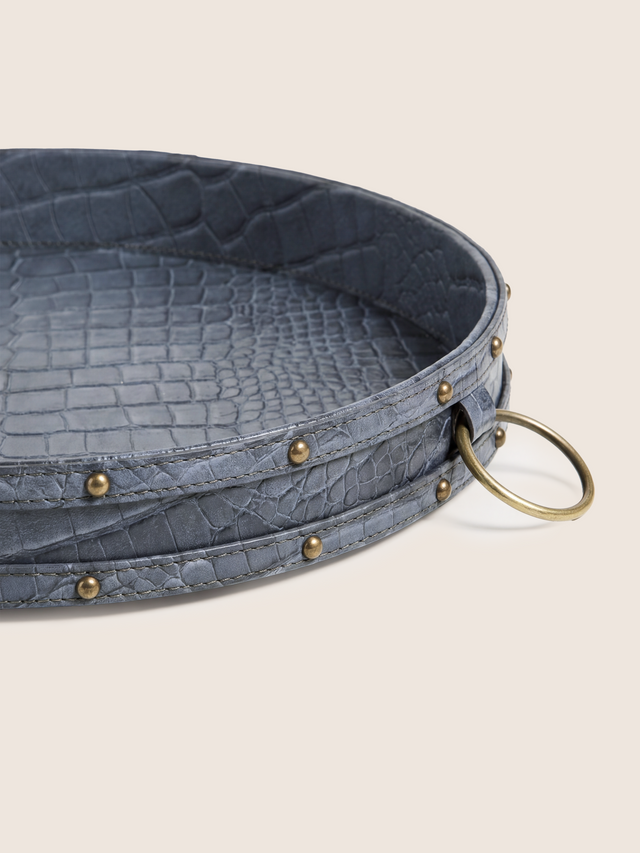 Lore Croco Print Leather Round Tray - Grey
