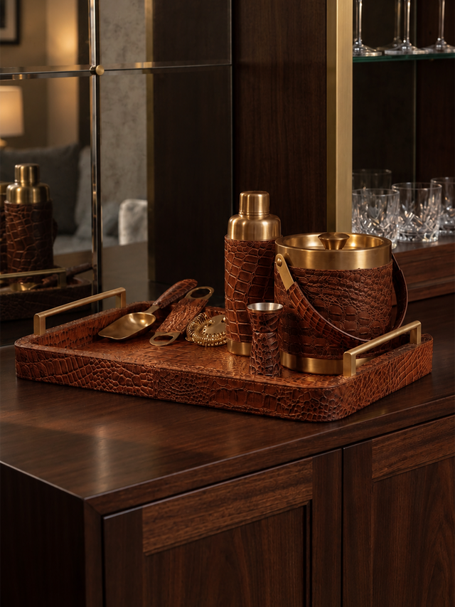 Rex Croco Print Leather Cocktail Set - Tan