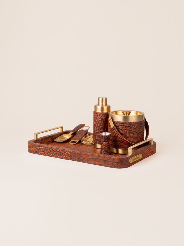 Rex Croco Print Leather Cocktail Set - Tan