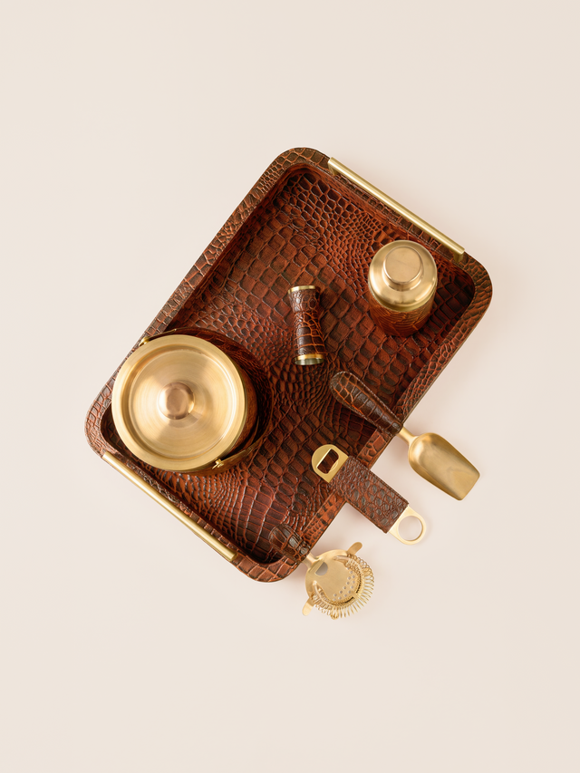 Rex Croco Print Leather Cocktail Set - Tan