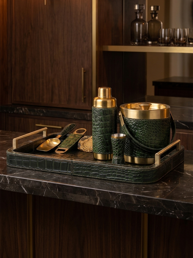 Rex Croco Print Leather Cocktail Set - Olive