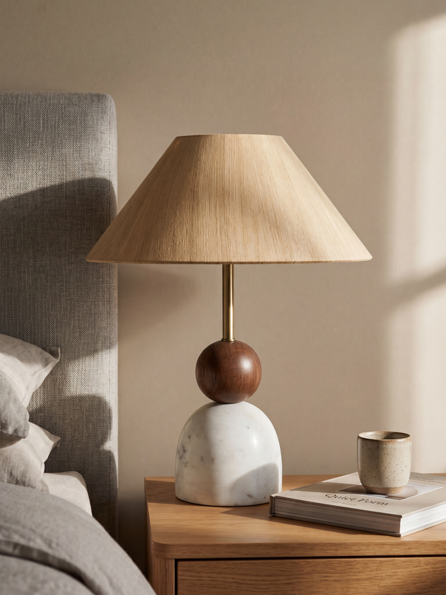 Olivia Raw Silk Lampshade with Mango Wood & Marble Dome Base