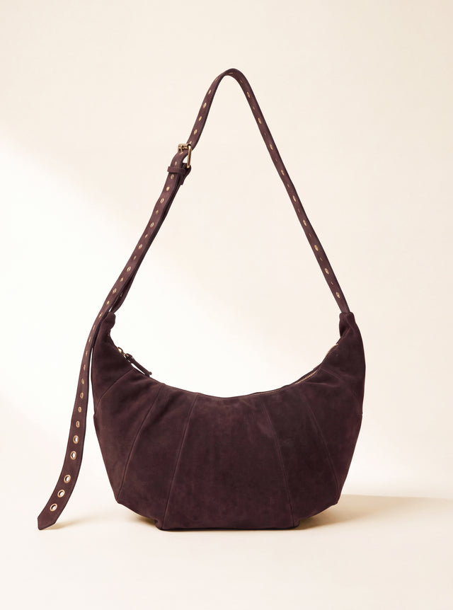 Ora Suede Leather Crescent Crossbody Bag - Brown