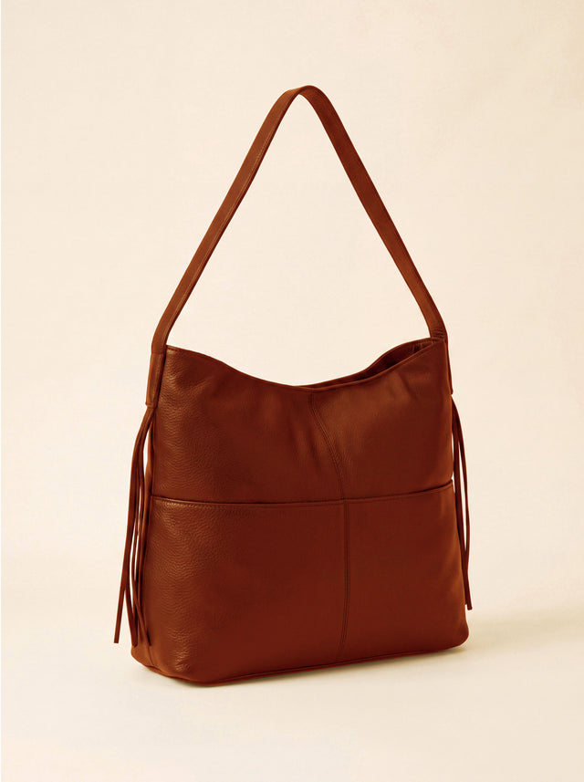 Kira Leather Hobo Tote Bag - Cognac