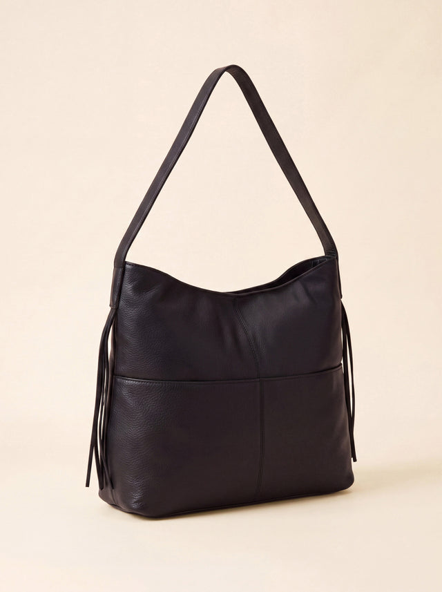 Kira Leather Hobo Tote Bag - Black