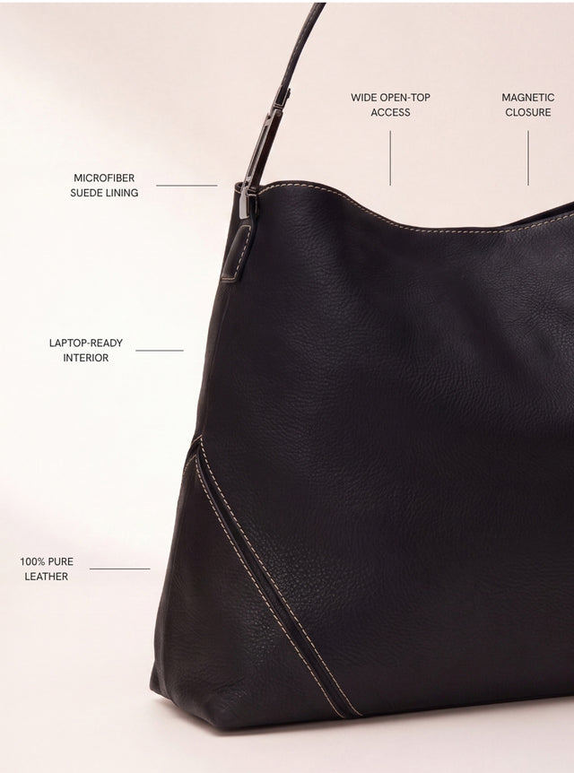 Zoey Leather Hobo Tote Bag - Black