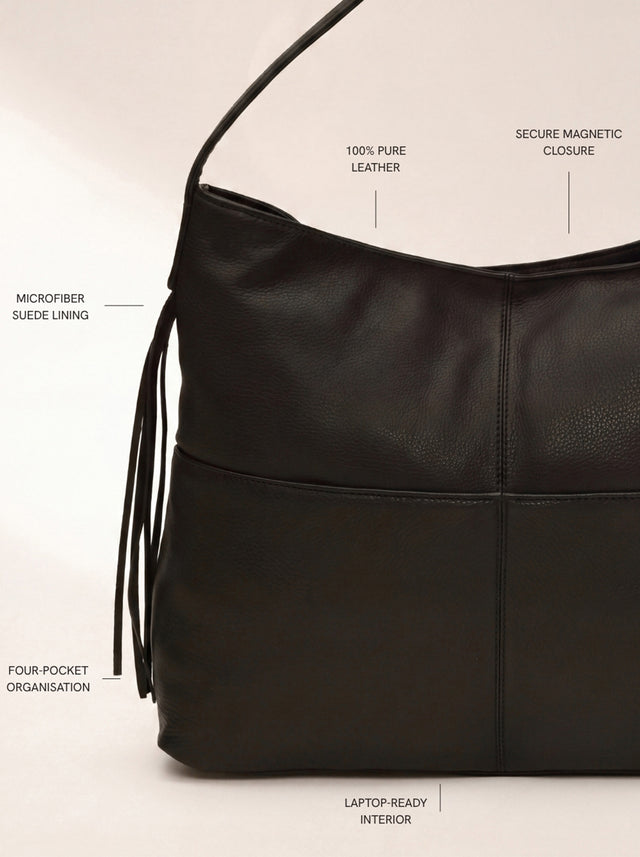 Kira Leather Hobo Tote Bag - Black