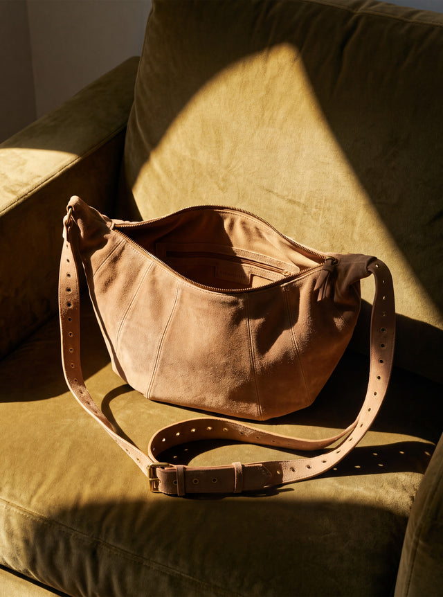 Ora Suede Leather Crescent Crossbody Bag - Tan