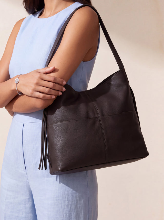 Kira Leather Hobo Tote Bag - Cacao