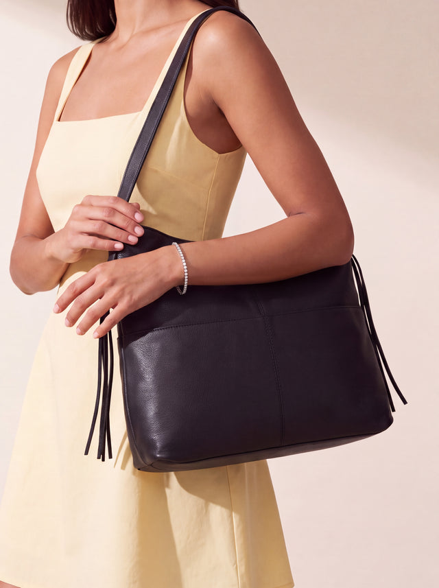 Kira Leather Hobo Tote Bag - Black