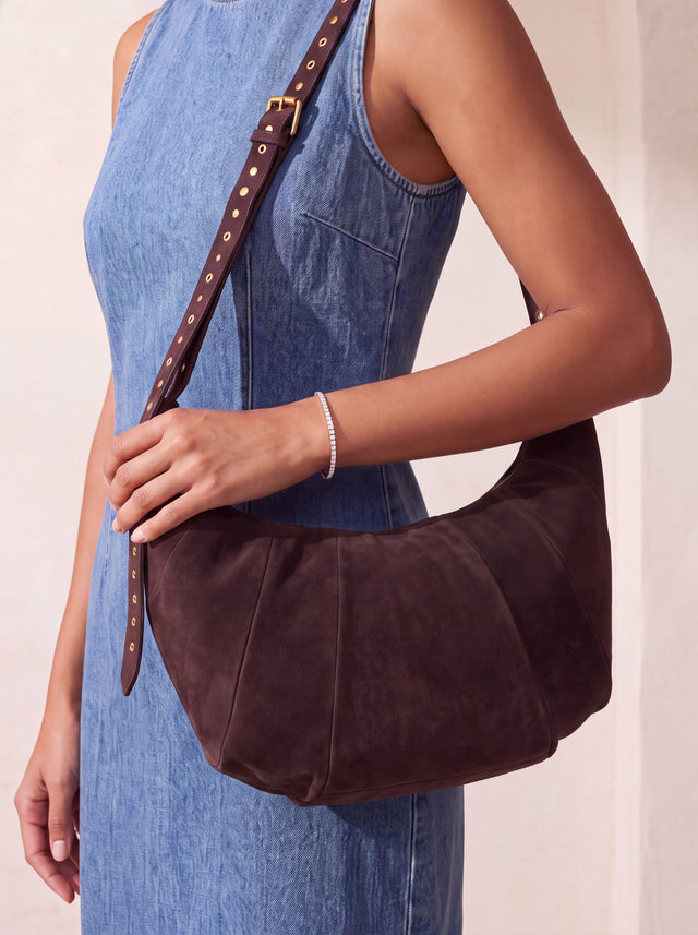 Ora Suede Leather Crescent Crossbody Bag - Brown