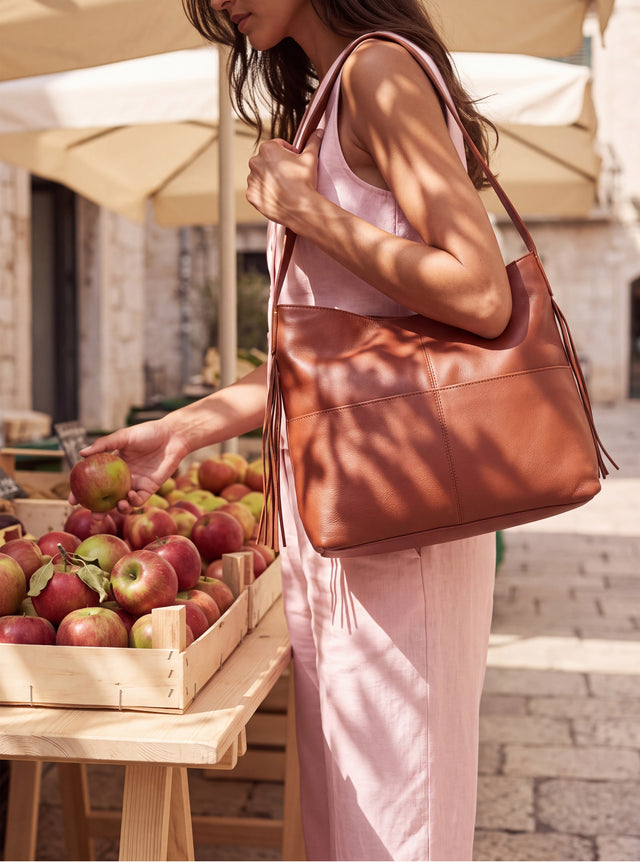Kira Leather Hobo Tote Bag - Cognac